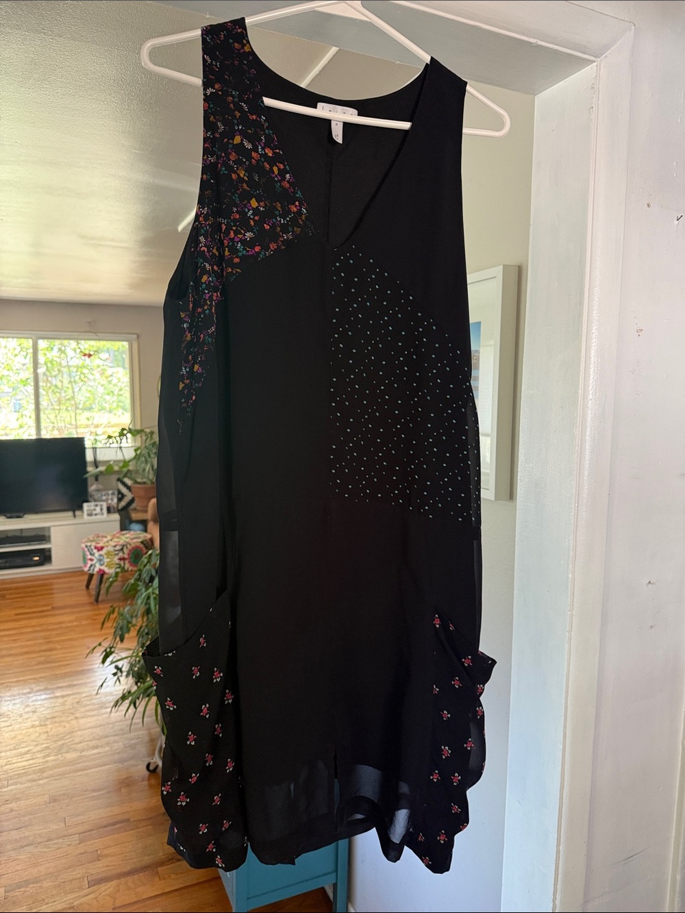 Leith Black Patchwork Mini Dress with Floral Accents